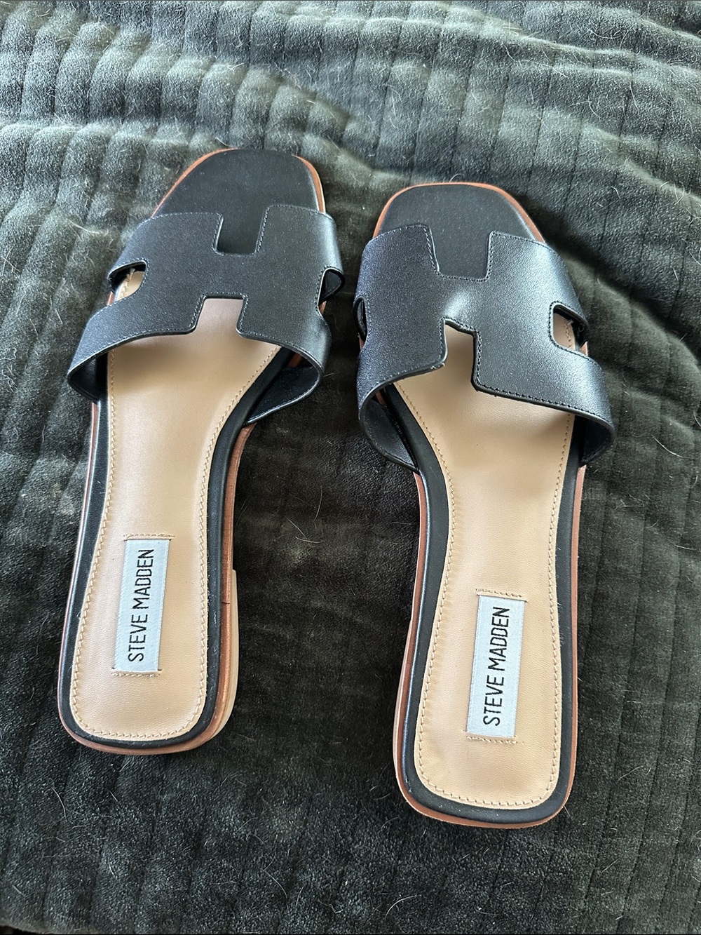 Steve Madden Black Leather Slide Sandals with Tan Insole
